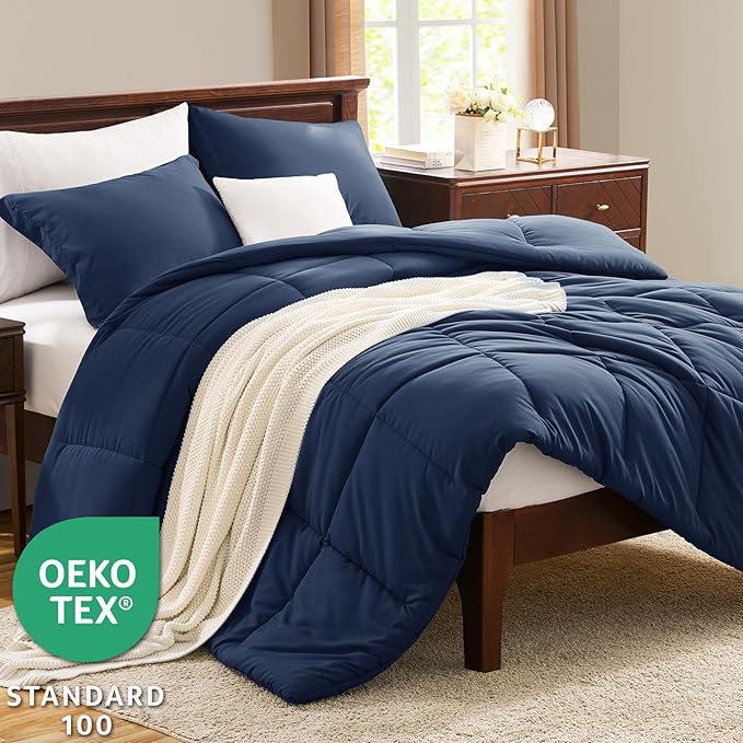 CozyLux King Comforter Set - Navy Blue Comforter King Size, 3 Pieces Box Stitched Bed Set for All Seasons, Soft Lightweight Bedding Sets with 1 Down Alternative Comforter and 2 Pillow Shams