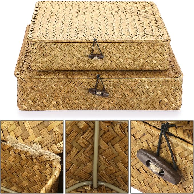 Hipiwe Set of 2 Flat Woven Wicker Storage Bins with Lid Natural Seagrass Basket Boxes Multipurpose Home Organizer Bins Boxes for Shelf Organizer, Caramel - Image 3