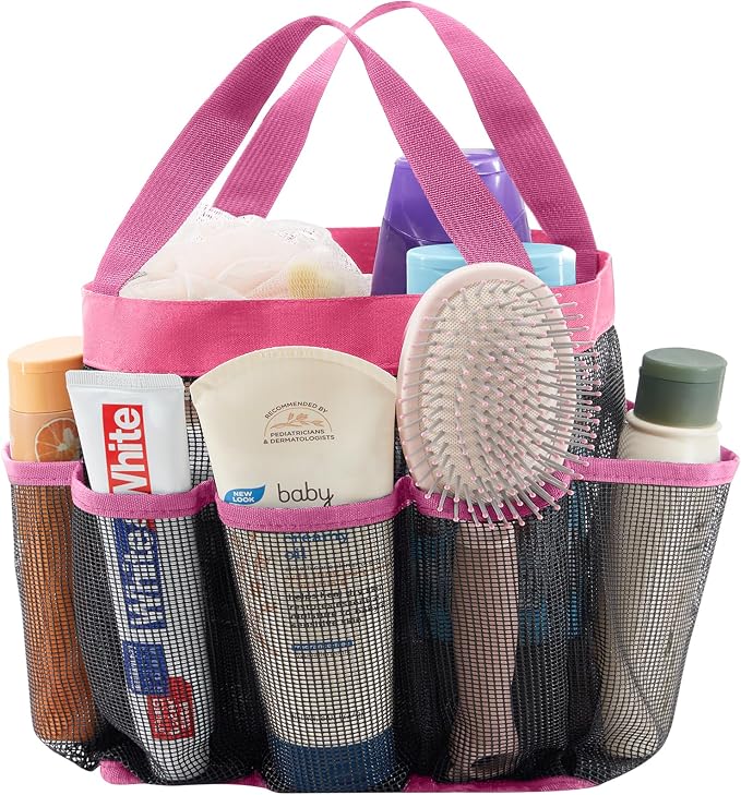 Lifewit Mesh Shower Caddy Portable for College Dorm Room Essentials with 7 Pockets, Freestanding Hanging Organizer Basket, Quick Dry Tote Bag for Camping, Bathroom, Beach, Travel, 1 Pack, Pink by Lifewit