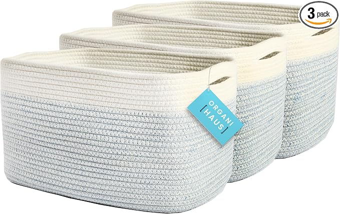 OrganiHaus Rope Baskets for Shelves - Set of 3 Woven Storage Baskets for Organizing, Closet & Toy Storage - Blue/White - 15x9x10 by OrganiHaus