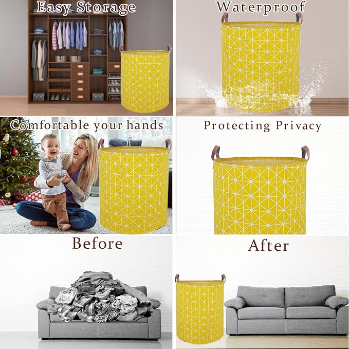 Waterproof Laundry Hamper Collapsible Laundry Basket Leather Handle Laundry Bag Large Clothes Storage Toy Organization for Bathroom Bedroom Laundryroom College Dorms (Nursery Bins Boxes-002) - Image 3