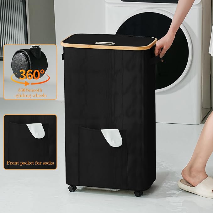 Laundry Basket with Wheels, Dirty Clothes Hamper on Wheels, Rolling Tall Laundry Hamper with lid for Laundry Room, Dorm and Bathroom, 75L Black - Image 4