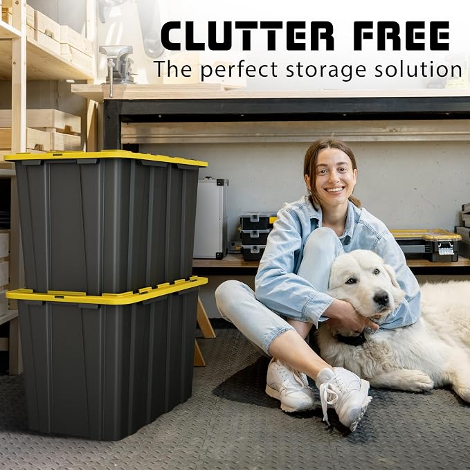 4 PACK X-Large Black & Yellow Storage Bins | Plastic Tote Organizing Container with Secure Latching Lids, Stackable, Extra Strength with Built in Handle | Black and Yellow Bins | 24.5" x 16.5" x 16.6" - Image 2