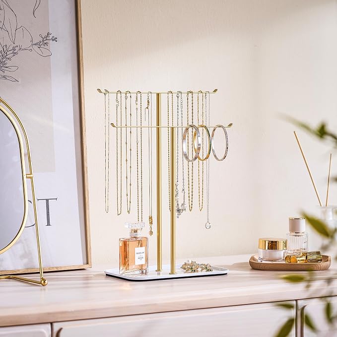 pickpiff Necklace Holder Jewelry Organizer Stand – 2‑Tier T‑Bar Jewelry Display Tree with Tray for Countertop Necklace Bracelet Earring Storage, Vanity Dresser Bathroom Sink, Gold - Image 2
