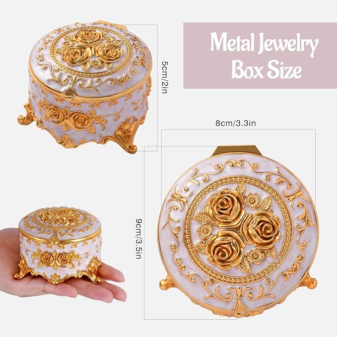 Vintage Jewelry Box, Gold Round Treasure Ring Box, Metal Trinket Organizer Keepsake Box Gift for Girl Women, Beige - Image 4