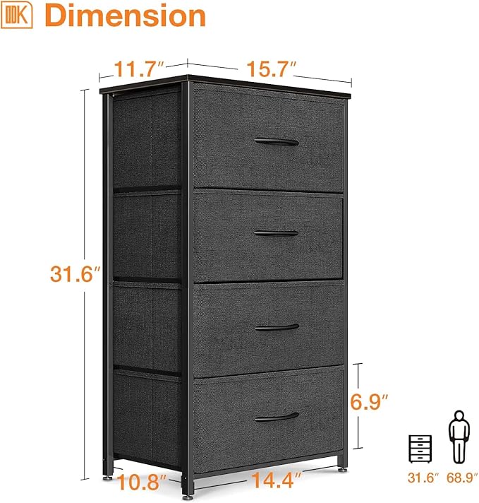 ODK Dresser for Bedroom with 4 Storage Drawers, Small Dresser Chest of Fabric Drawers with Sturdy Steel Frame for Small Space, Wood Top, Black