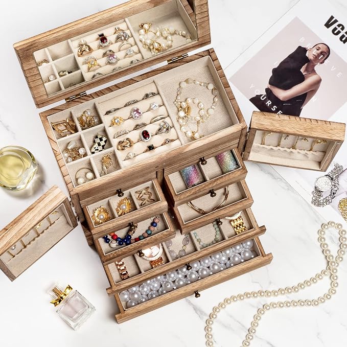 Emfogo Jewelry Box for Women Wooden Jewelry Boxes & Organizers 5-Layer Rustic Large Jewelry Organizer Box with Mirror & 8 Drawers for Rings Earrings Necklaces Bracelets Women Girls Gifts - Image 3