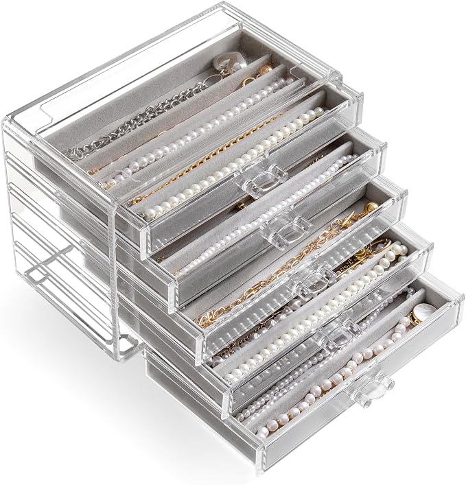 YUFONG Necklace Holder Organizer, Dustproof Necklace Box Velvet Necklace Organizer Box with Lid Clear Acrylic Dustproof Stackable Jewelry Displays for Necklaces Chain Display (Gray, 5 Drawer) by YUFONG