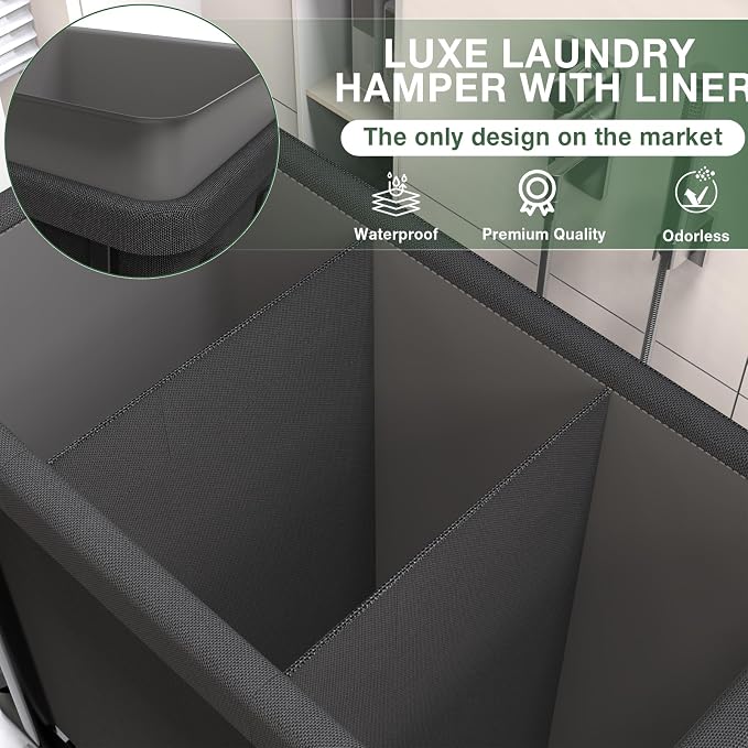 60 Gal(230L) High Grade Large Laundry Basket with Wheels, Rolling Laundry Hamper, Laundry Cart with Metal Frame and Removable Bag Design, Suitable for Laundry Room, Bedroom (Black, 3 Section 230L) - Image 3