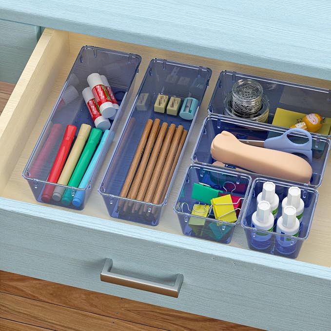 WOWBOX 9 Pack Clear Drawer Organizer Set, Acrylic Drawer Storage Trays, Storage Bins for Makeup, Cosmetics, Jewelries, Utensils, Gadgets, Office, Dark Blue - Image 5