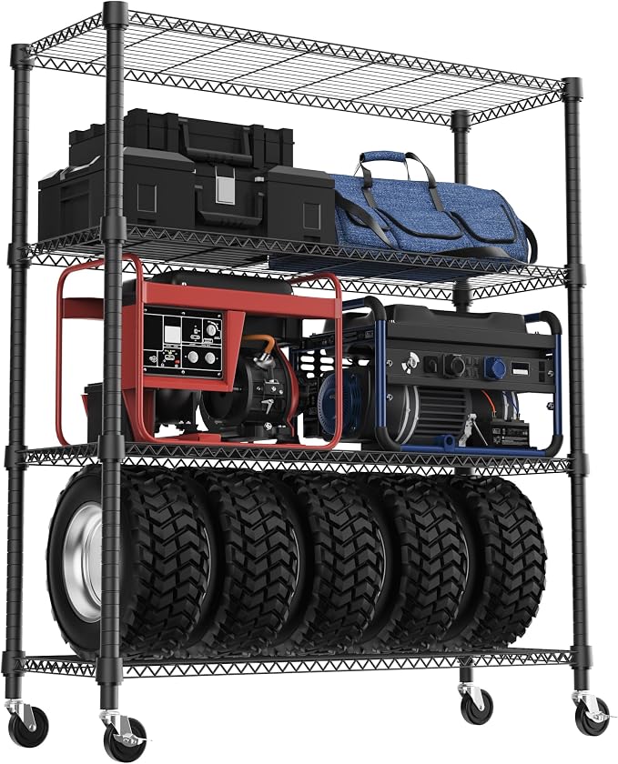 M MZG 1400LBS 47.2" W 4 Tiers Storage Shelves Metal Shelving Unit with Wheels Heavy Duty Garage Shelving Adjustable Wire Shelves for Pantry,Kitchen,Garage,Basement,Black 17.7" D x 47.2" W x 62.7" H by MEIGAOPLASTICANDMETALHKCOLIMITED