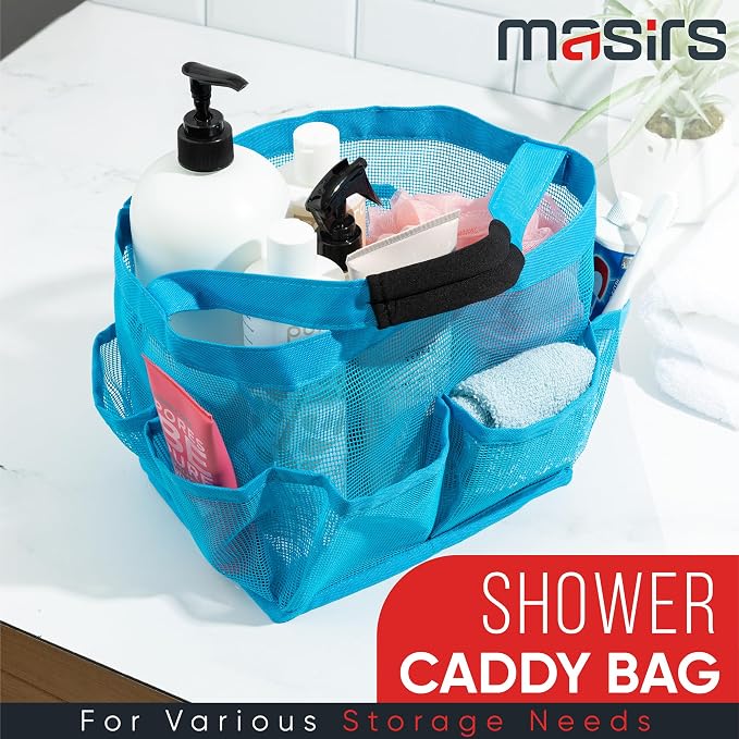 Masirs Mesh Shower Caddy – 9 Pocket Portable Shower Tote Bag for College Dorm Room Essentials, Quick-Dry Bathroom Organizer for Travel, Gym, Camping, Beach – Lightweight Collapsible Blue - Image 2
