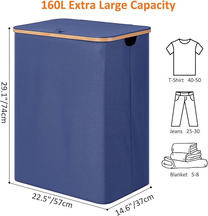 efluky Laundry Hamper with Lid, Trio Laundry Hamper with 3 Removable Bags, 3 Section Laundry Basket with Bamboo Handles for Bathroom, Bedroom & Laundry Room, 160L Blue - Image 2