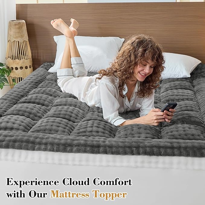 Cymula Full Size Mattress Topper for Winter Fleece Bubble Pillow Top Mattress Pad with 8-21 Inch Elasticated Deep Pockets, Plush Down Alternative Fill Warm Fuzzy Mattress Protector, Grey