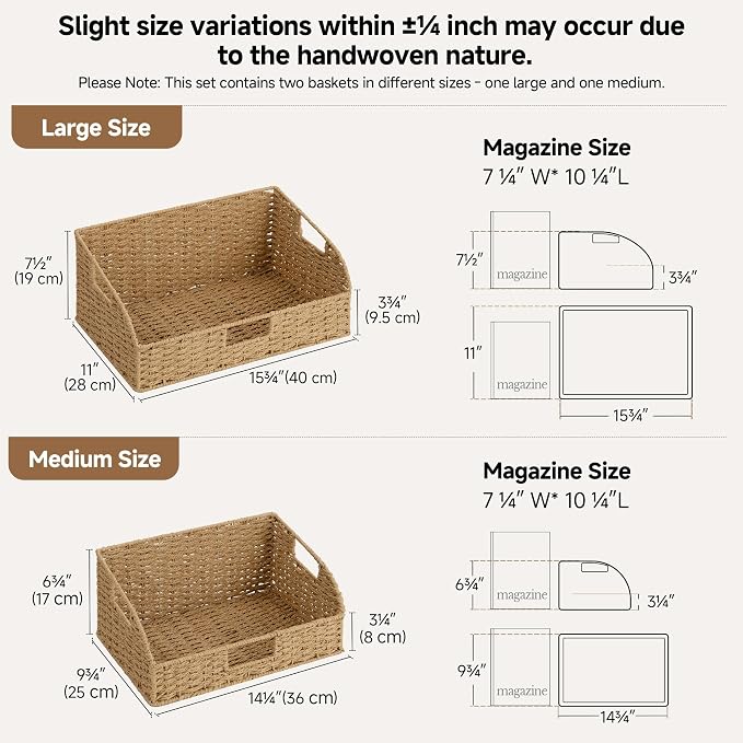 StorageWorks Pantry Baskets for Organizing, Paper Rope Storage Baskets for Shelves with Built-in Handles, Pantry Organizers and Storage, Natural, Set of 2 (Large and Medium) - Image 2