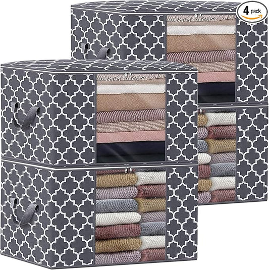 WISELIFE Storage Bags, Large Blanket Clothes Organization and Storage Containers for Bedding, Comforters, Foldable Organizer with Reinforced Handle, Clear Window,Sturdy Zippers,(Grey, 4 x 100L)