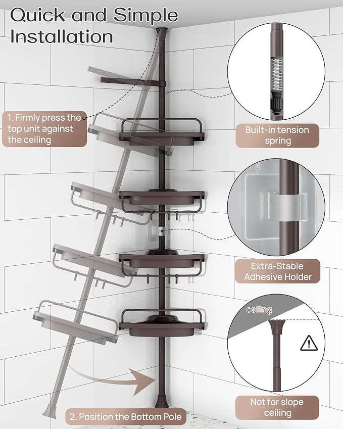 ALLZONE Corner Shower Caddy Tension Pole, Extendable Rustproof Stainless Steel Pole & 4-Tier Adjustable Shelves for Easy Drainage and Built-to-Last Stability, 34 to 116 Inches, Brown - Image 4