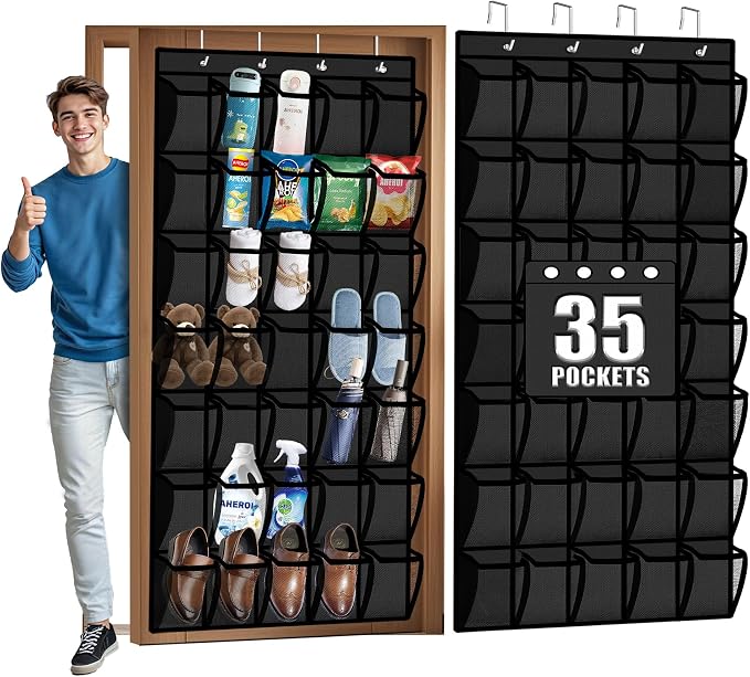 Aheroi 35 Pockets Large Over the Door Organizer, Breathable Mesh Pockets Hanging Shoe Organizer, Black Door Shoe Organizer Mesh Closet Shoe Holder Hanger Holds Up to 40 lbs, Space Saving Shoe Rack by Aheroi