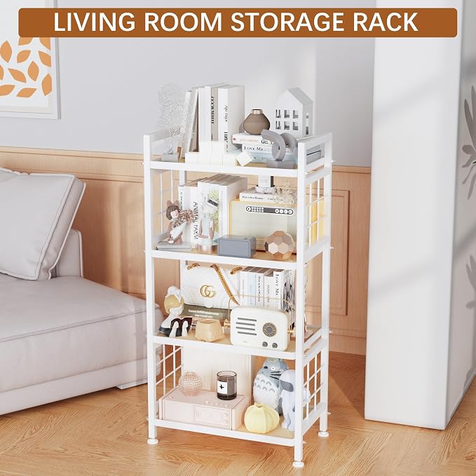 GIOTORENT 4-Tier Pantry Shelves with Wooden Boards, Heavy Duty Storage Shelves & Book Shelf, Adjustable Metal Shelving Unit for Kitchen Bathroom Laundry Organizer, Sturdy Rust-Resistant, White - Image 7