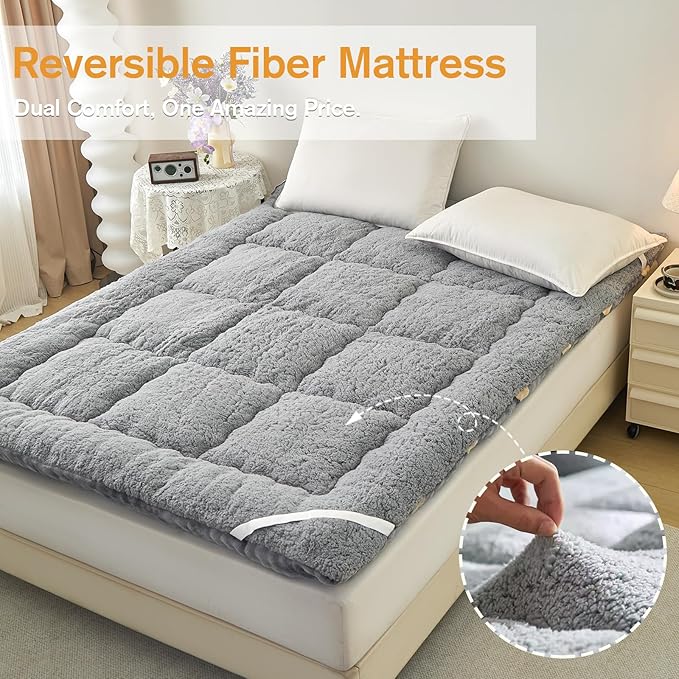 Mattress Topper Queen Size 60 x 80 inches, Warm Thicken Velvet Queen Mattress Pad Breathable and Comfortable with 4 Elastic Band, Deep Pocket Stretchable up to 15 inches Washable, Gray Heart