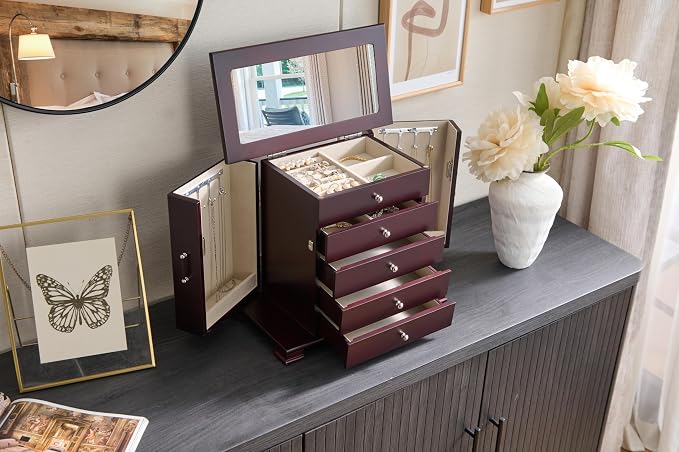Brown 5 Layer Jewelry Box for Women,Top With Mirror Wooden Jewelry Organizer,With 8 Hook And Velvet Lining Large Jewelry Storage,For Watch Necklace Ring Earring Storage Gifts - Image 4