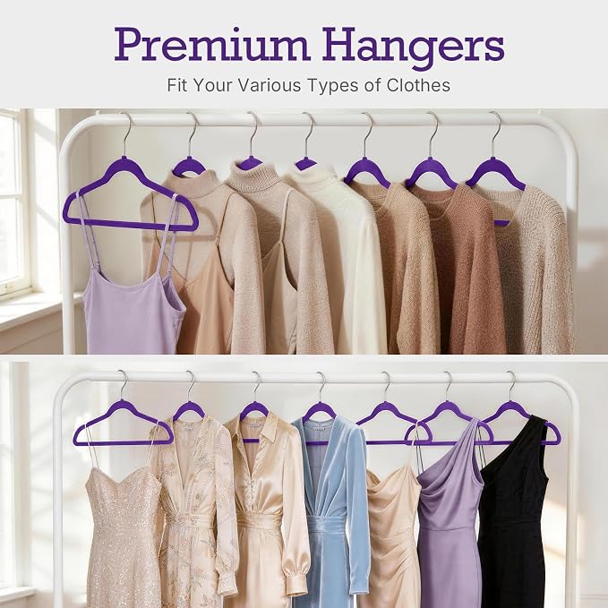 HOUSE DAY Noble-Purple Velvet Hangers 60 Pack, Non Slip Clothes Felt Hanger Heavy Duty for Coat, Premium Slim Space Saving Suit Hangers for Closet Organizer, 360° Rotating Silver Hook - Image 8