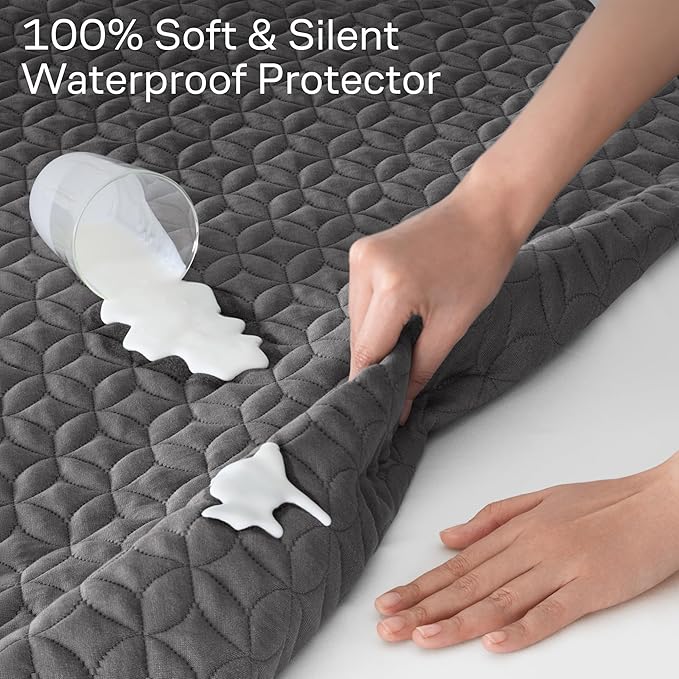 100% Waterproof Queen Mattress Protector - 360 Protection Against Spills, Stains & Accidents for Parents & Pet Owners - Noiseless & Cooling Viscose Made from Bamboo (Gray)
