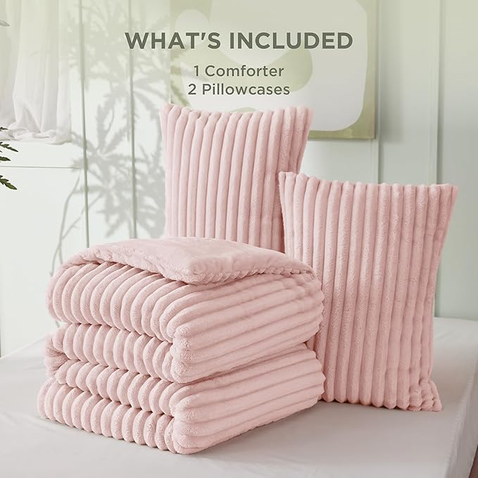 Bedsure Full Size Comforter Sets - GentleSoft™ 3 Pieces Double-Side Fleece Fluffy Pink Comforter Set, Cozy Striped Room Decor Aesthetic, Luxury Full Size Bedding, 2 Pillowcases, 82x86 Inches