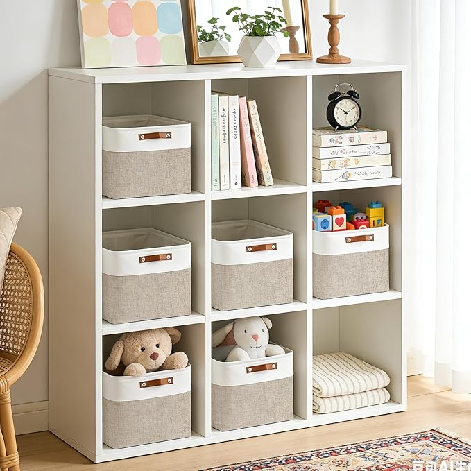 Bagnizer Collapsible Fabric Storage Cubes 11x11 Cube Storage Bins, 4 Pack Closet Baskets Box with Handles for Organizing, Shelf, Toys, Clothes, Home, Office, Nursery (Beige&White) - Image 3
