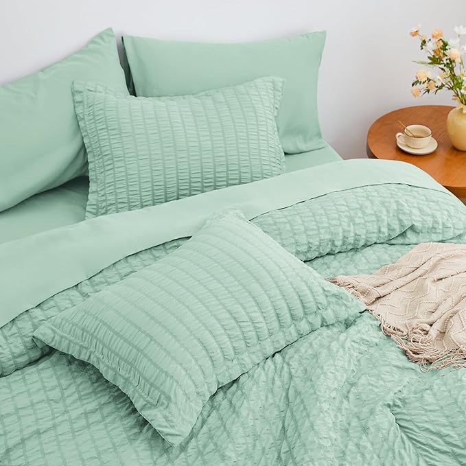 Love's cabin Seersucker Light Green Full Comforter Set, 7-Piece All Season Lightweight Bed in a Bag Bedding Set with Comforter, Flat Sheet, Fitted Sheet, Pillowcases and Shams | Soft, Breathable, Lightweight