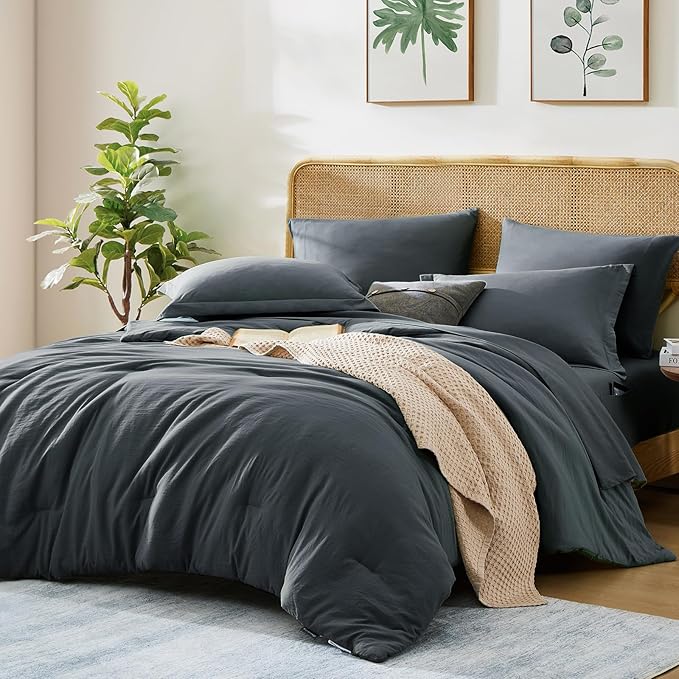 WRENSONGE King Size Comforter Set- 7 Pieces Blue Grey Bed in a Bag King with Fitted Sheet, Flat Sheet, 2 Pillow Shams, and 2 Pillowcases-Warm King Bedding Set for All Season
