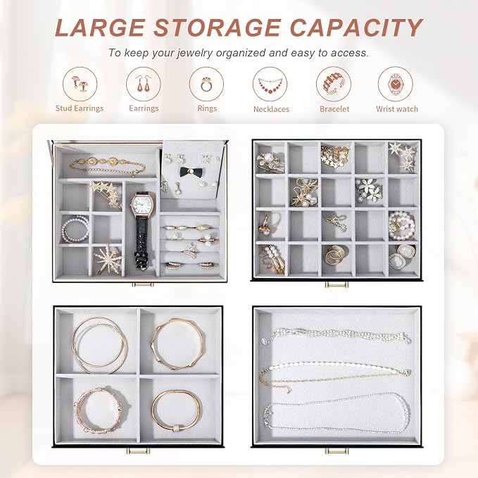 Jewelry Box，4-Layer Large Jewelry Organizers for Women with 3 Drawers,Storage Modern Style Jewelry Boxes Storage of Earrings Rings Bracelets Necklace（Black） - Image 3