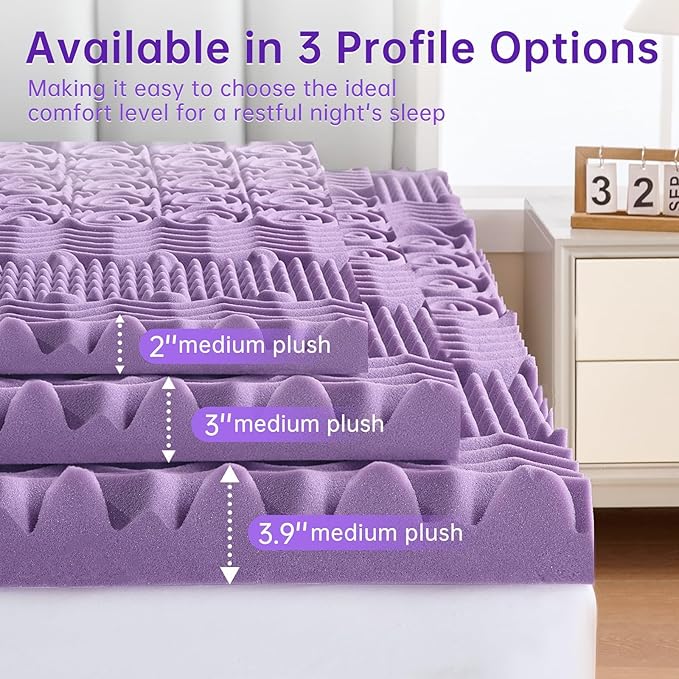 MUXHOMO 3.9 Inch 7-Zone Queen Mattress Topper, Egg Crate Memory Foam Mattress Topper Queen Size for Back Pain, Lavender Cooling Gel Infused Bed Pad, CertiPUR-US and Oeko-TEX Certification (60"×80")