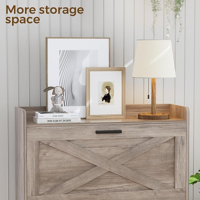 Homleke 32" W Farmhouse Shoe Storage Cabinet with 2 Flip Drawers and Barn Door Design, Adjustable Shelves, Modern Hidden Slim Narrow Shoe Rack Cabinet for Entryway, Foyer, Hallway, Living Room, Greige - Image 7