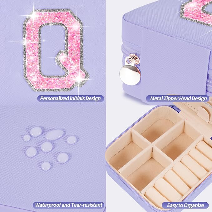Uygafly Personalized Jewelry Case for Women Girls - Fashion Mini Jewelry Boxes - Trendy Travel Jewelry Organizer with Initials Letter - Teen Gifts | Lavender,Q - Image 4