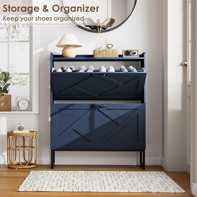 Nicetree Shoe Storage Cabinet, Shoe Cabinet with 2 Flip Drawers, Narrow Shoe Rack Cabinet, Farmhouse Slim Shoe Cabinet Storage for Entryway,Blue - Image 6