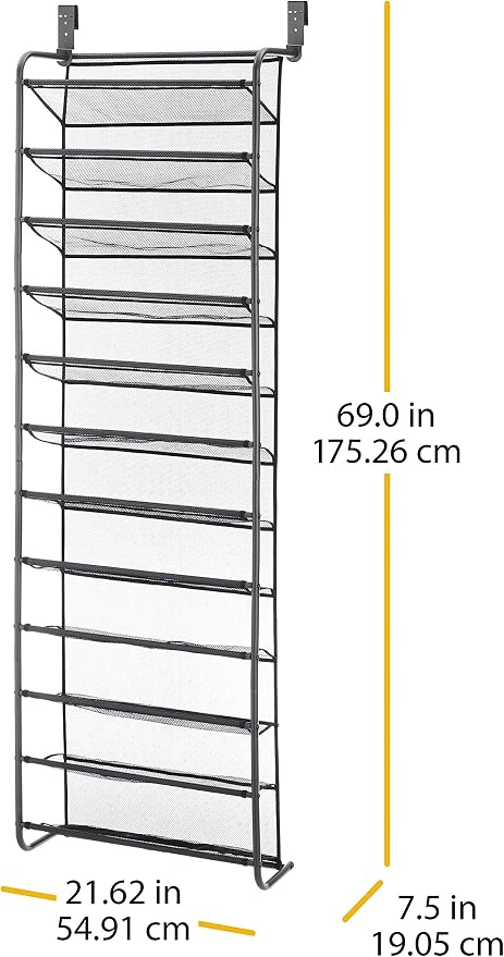 Whitmor 36 Pair Over the Door Shoe Organizer, 12 Tier Hanging Shoe Organizer, Heavy Duty Metal & Mesh Shoe Holder, Hanging Shoe Rack for Closet Storage, 69"L x 21.7"W x 7.5"H, Gunmetal Gray - Image 5
