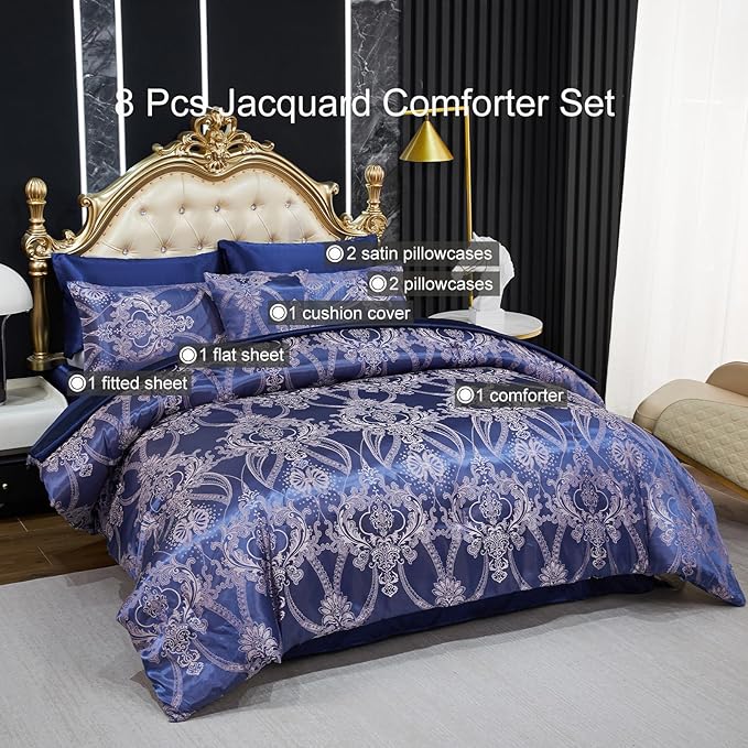Jacquard Queen Comforter Set Blue Satin Sheet Set Elegant Bedding Set 8 Pcs Vintage Neoclassical Floral Bed Home Decor Soft Comforter Luxury Hotel Silky Bed in a Bag with 1 Cushion Cover