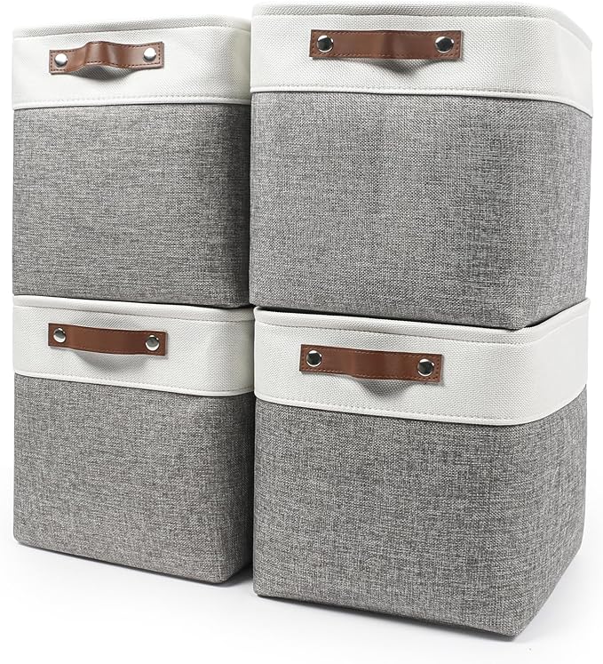 Bagnizer 13x13 Cube Storage Bins, Collapsible Fabric Storage Box, 4 Pack Closet Baskets with Handles for Organizing, Shelf, Toys, Clothes, Home, Office, Nursery (Grey&White) by Bagnizer