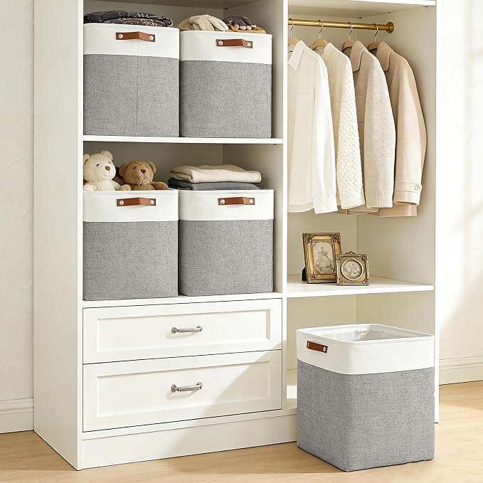 Bagnizer Large Fabric Storage Baskets | 50L Storage Bins, Decorative Linen Closet Baskets with Handles for Organizing, Shelf, Toys, Clothes, Home, Office, Nursery, 17x12x15Inches (Grey&White) - Image 2