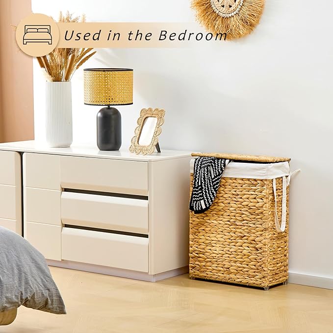 Handwoven Slim Laundry Hamper with Lid, 55L Natural Water Hyacinth Basket and Handles, Narrow Wicker Laundry Basket with Removable Liner Bag & 2 Mesh Bags - Image 6