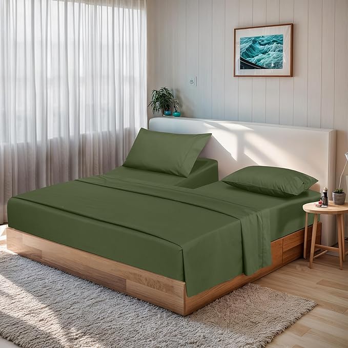 RUVANTI 100% Cotton Sheets – Split King Size Percale Bedding, Cooling & Breathable, Durable with a Crisp, Soft & Comfortable Feel, 16" Deep Pocket, 5-Piece Set, Chive