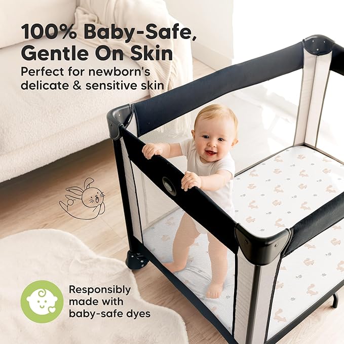 Pack and Play Sheets Fitted - 2-Pack Mini Crib Sheets for Pack N Play Mattress 38x26, Soft & Cozy, Neutral Toddler Playard Bedding, Snug Fitted Mini Baby Crib Mattress Cover Boy, Girl (Nibbles/Bruce)