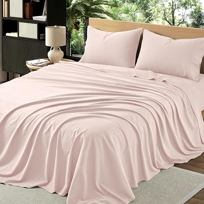 4Pcs Linen Sheets Queen Size, 100% French Linen from Normandy, Breathable Pink Queen Sheet Set with 16 Inch Deep Pocket, 1 Flat Sheet, 1 Fitted Sheet, 2 Pillowcases