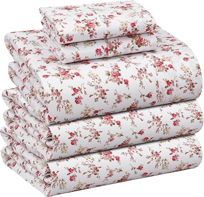 RUVANTI 100% Cotton Sheets – Split King Size Percale Bedding, Cooling & Breathable Floral Design, Durable with a Crisp, Soft & Comfortable Feel, 16" Deep Pocket, 5-Piece Set, Bouquet