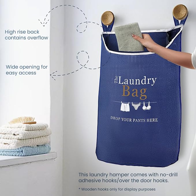Fine Living Co. Large Hanging Laundry Hamper with Over Door Hooks & Adhesive, Durable Space Saving Laundry Bag with Zipper and Wide Open Top, Hanging Dorm Laundry Hamper (Navy Blue with Print-XL) - Image 4