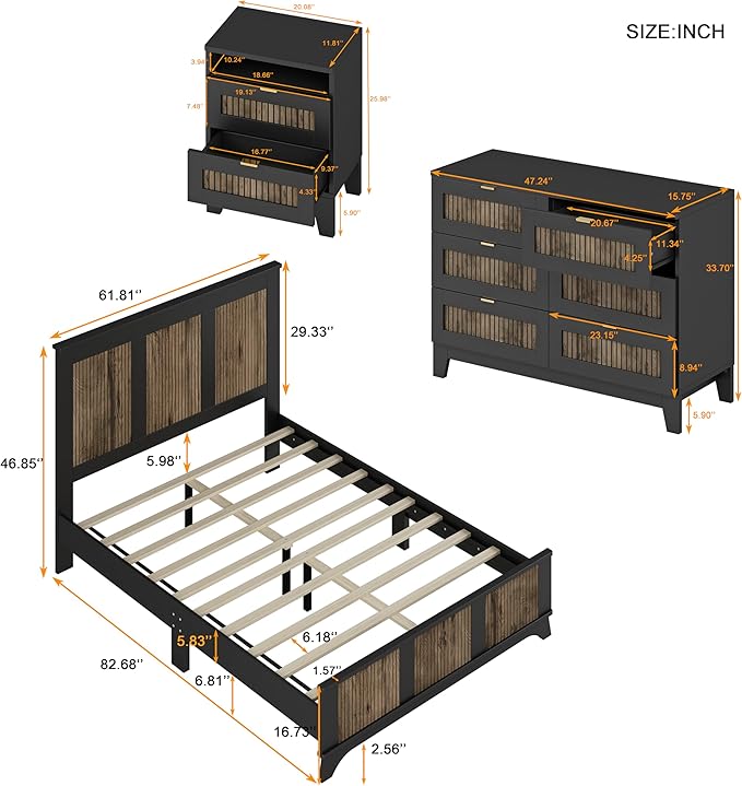 SOFTSEA Farmhouse 4 Piece Queen Size Bedroom Set with Dresser Night Stand, 2 Nightstands and Dresser, 4 Piece Bedroom Furniture Set, Black