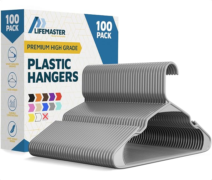 Lifemaster Plastic Clothes Hangers – Heavy Duty Hanger Set, for Organizing Clothes, Dresses, and Coat, Holds Up to 5 lbs, Space-Saving Hangers with Non-Slip Shoulder Grooves, Pack of 100, Gray by LIFEMASTER