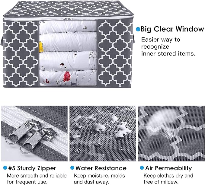 WISELIFE Storage Bags, Large Blanket Clothes Organization and Storage Containers for Bedding, Comforters, Foldable Organizer with Reinforced Handle, Clear Window,Sturdy Zippers,(Grey, 3 x 100L)