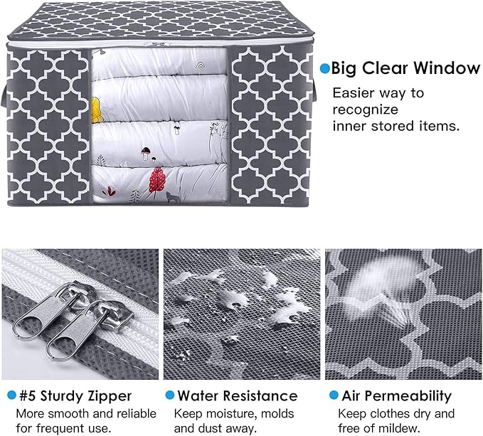WISELIFE Storage Bags, Large Blanket Clothes Organization and Storage Containers for Bedding, Comforters, Foldable Organizer with Reinforced Handle, Clear Window,Sturdy Zippers,(Grey, 4 x 100L)